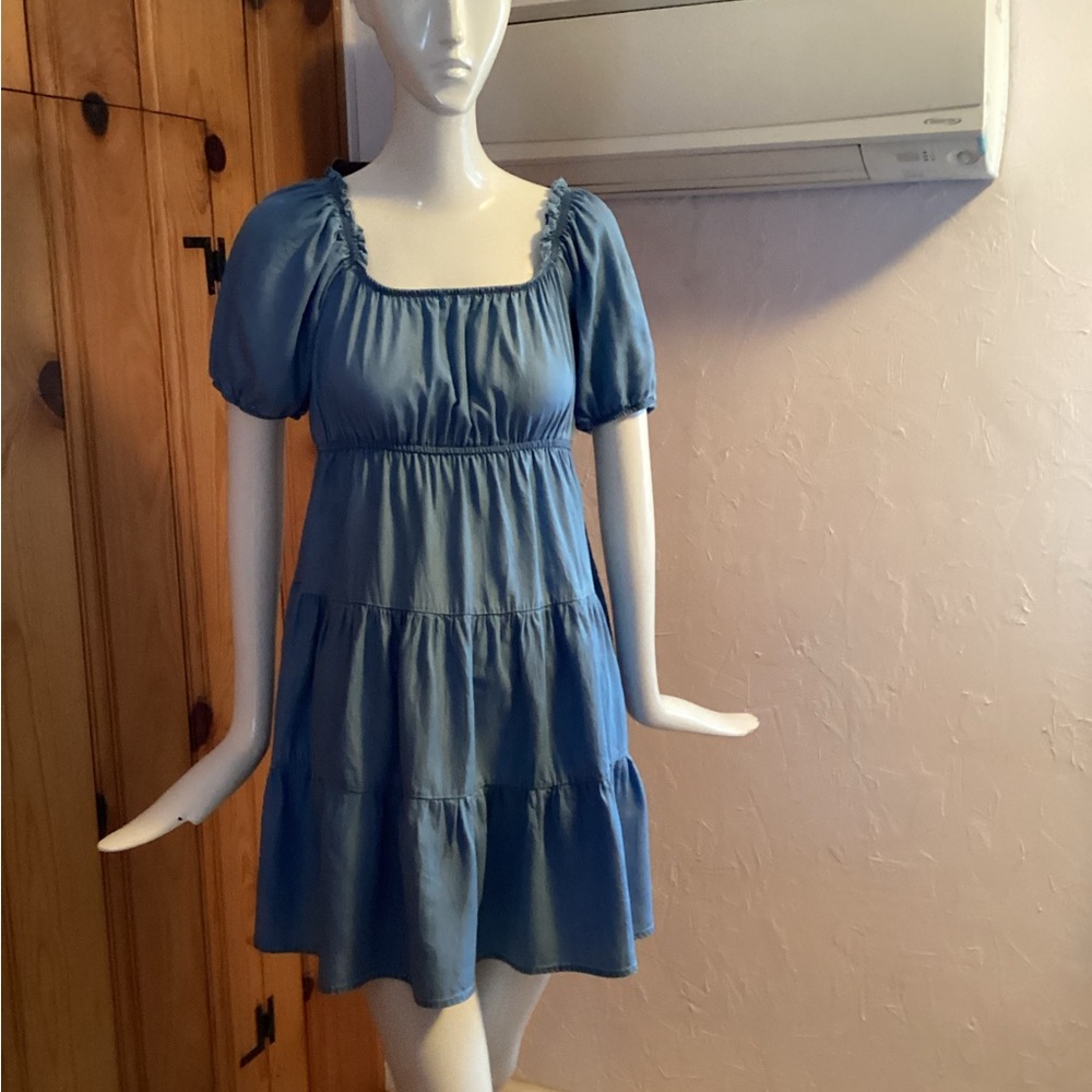 Blu Pepper Chambray Blue Babydoll Mini Dress